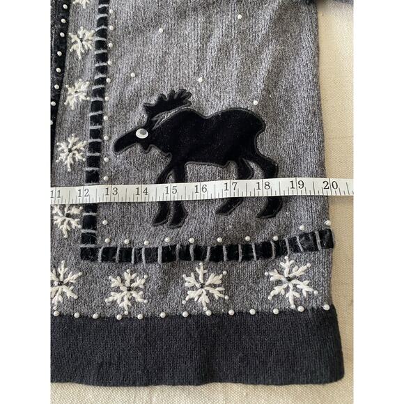 Vtg Timber Lea Cardigan Womens Medium Dark Grey Moose Holiday Zip Up Sweater - Picture 9 of 12